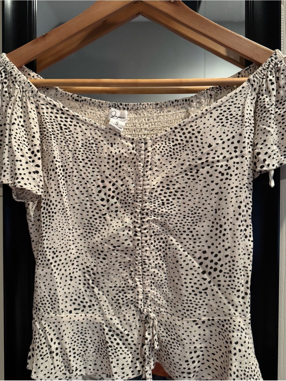 Japna Cream Off-Shoulder Blouse with Black Dot Print and Peplum Hem
